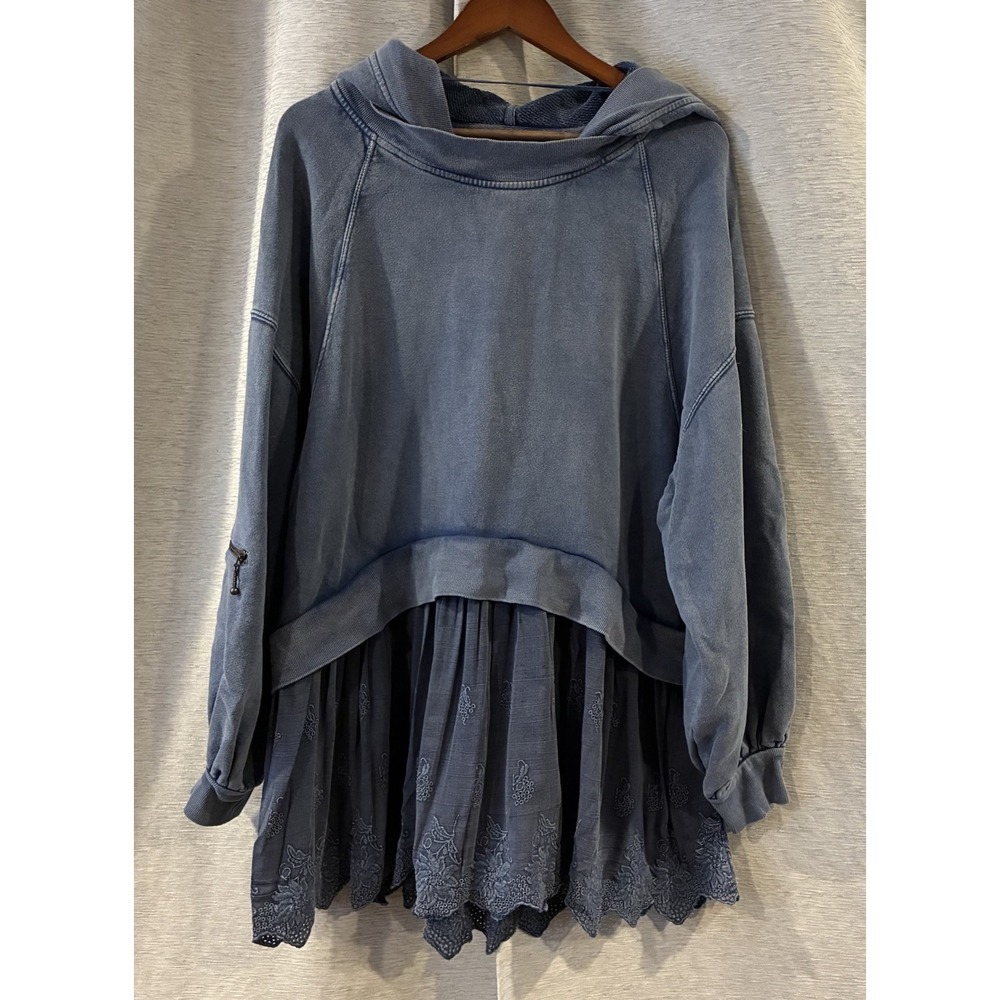 Free People Sweet Streets Hoodie Ruffle Puff Sleeve Sweatshirt Oversized Tunic M